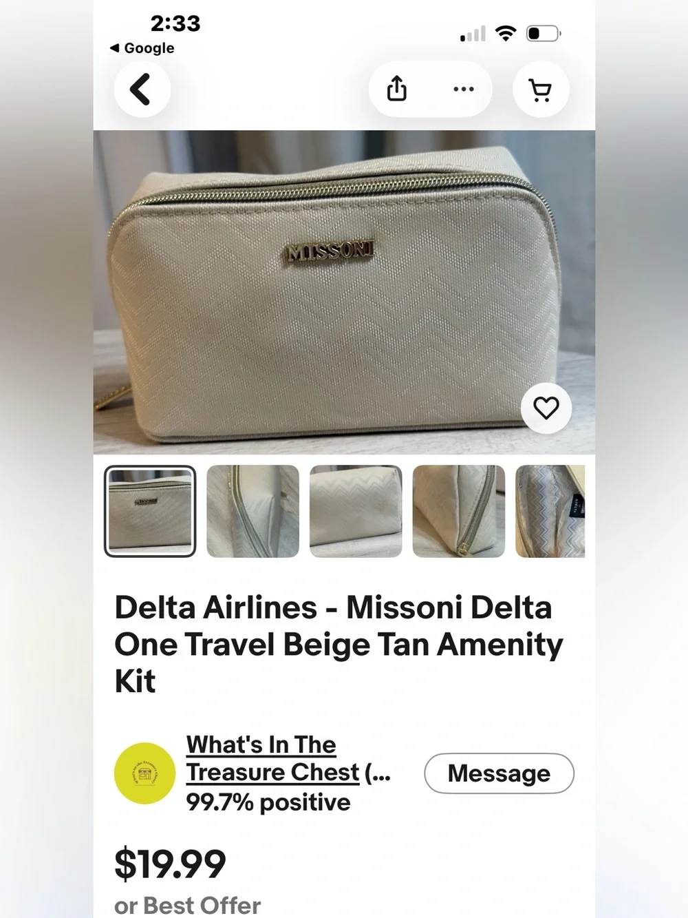 Missoni Cream Chevron Cosmetic Bag with Gold Logo